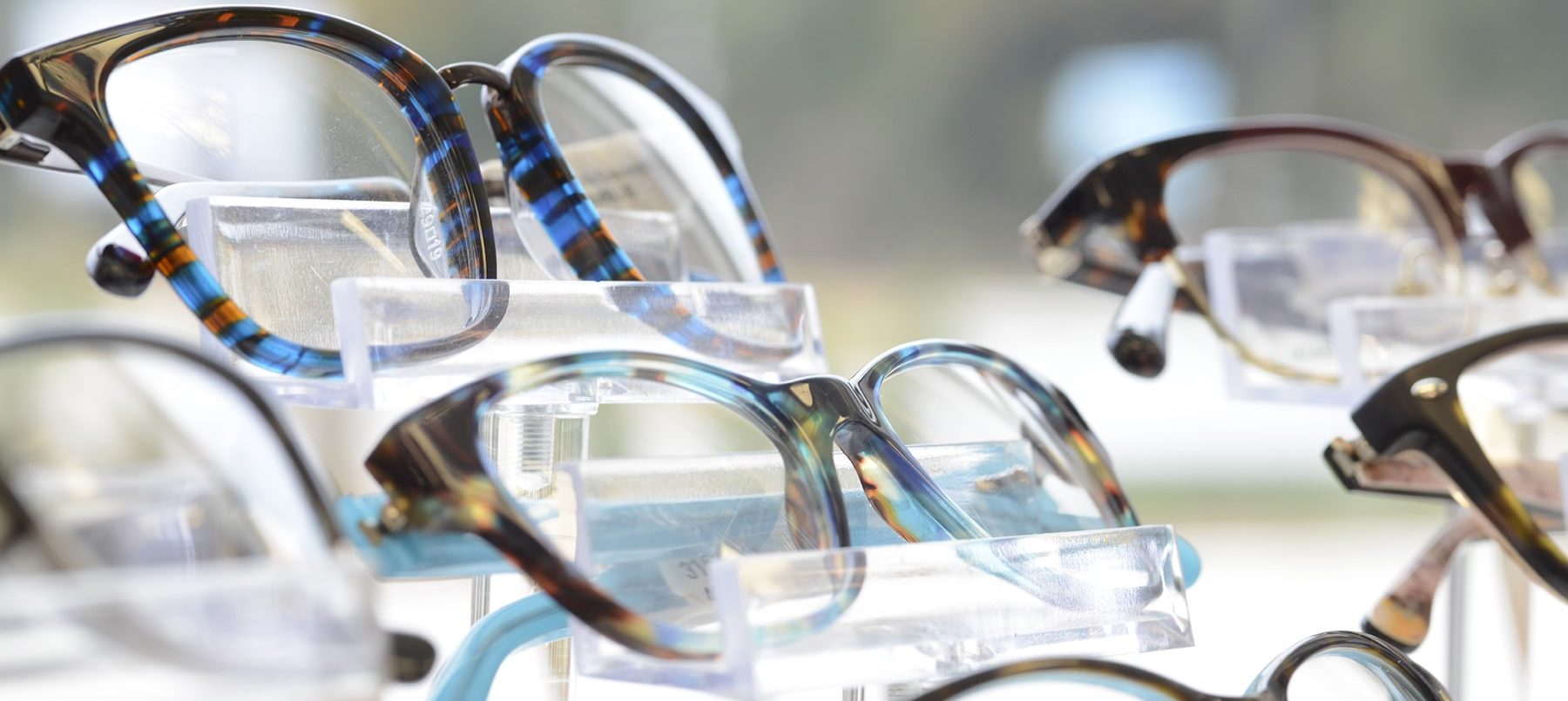 closeup of eye glass frames in the optical shop